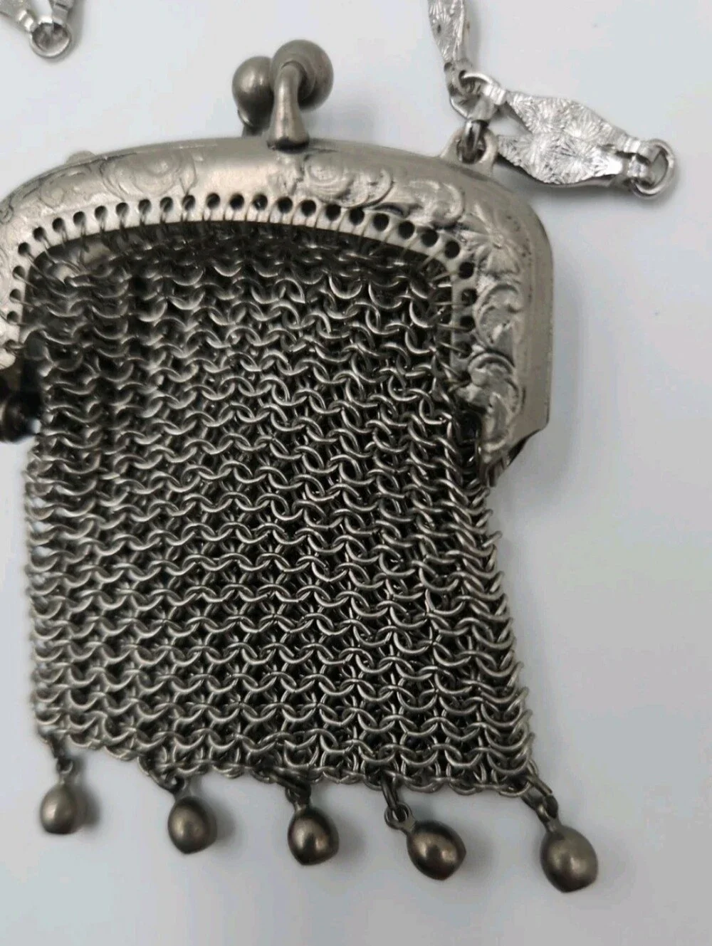 Vintage German Silver Mesh Evening Purse Chainmail Bag Ornate Frame Necklace